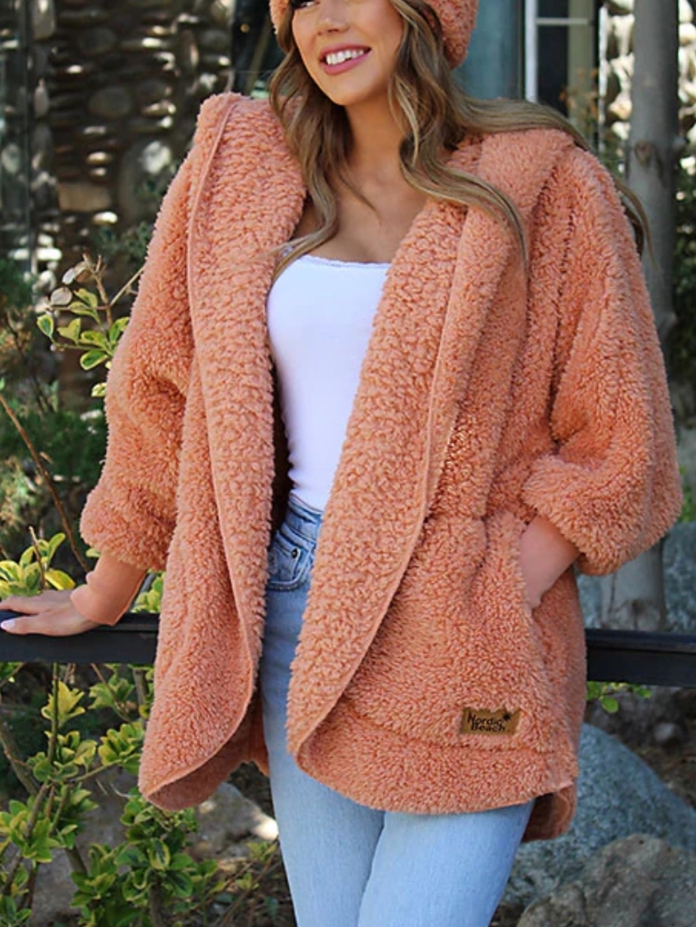 Nordic Beach Hooded Sherpa Oversized Jacket Peach O/S